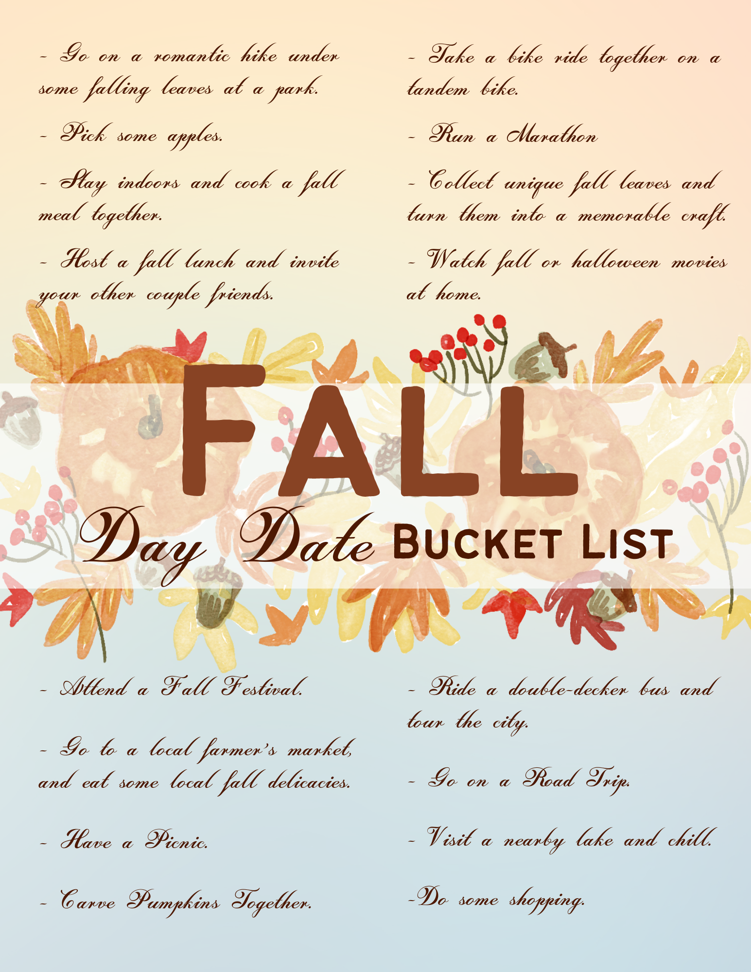A memorable season awaits with the Wondermom Printables' Fall Day Date Bucket List, adorned with autumn leaf decorations and featuring activities like hiking, picnicking, attending a fall festival, carving pumpkins, and watching seasonal movies.