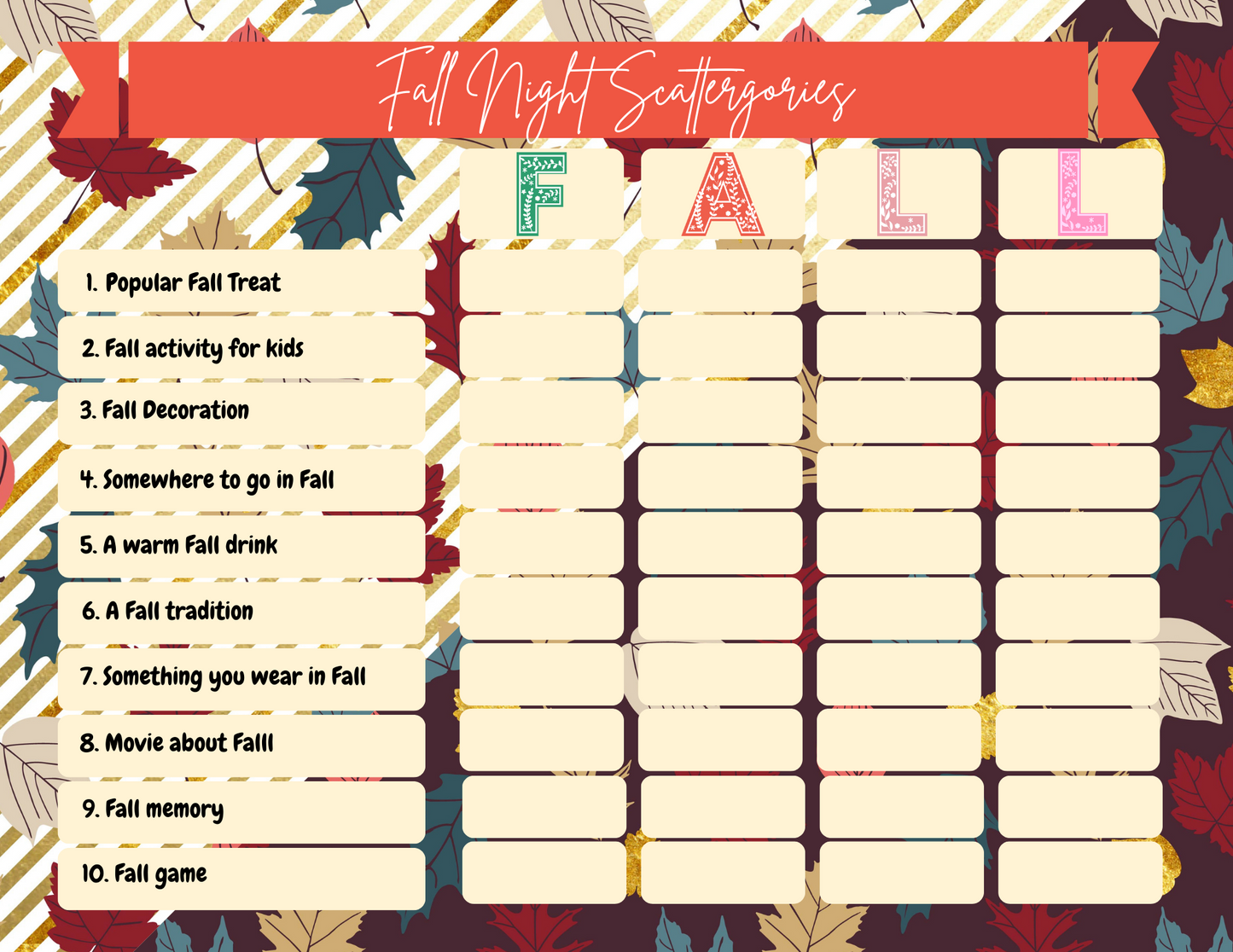 The Fall Night Scattergories game sheet from Wondermom Printables features 10 cozy autumn-themed categories and four columns labeled F-A-L-L for listing responses. The background is adorned with beautiful autumn leaves.