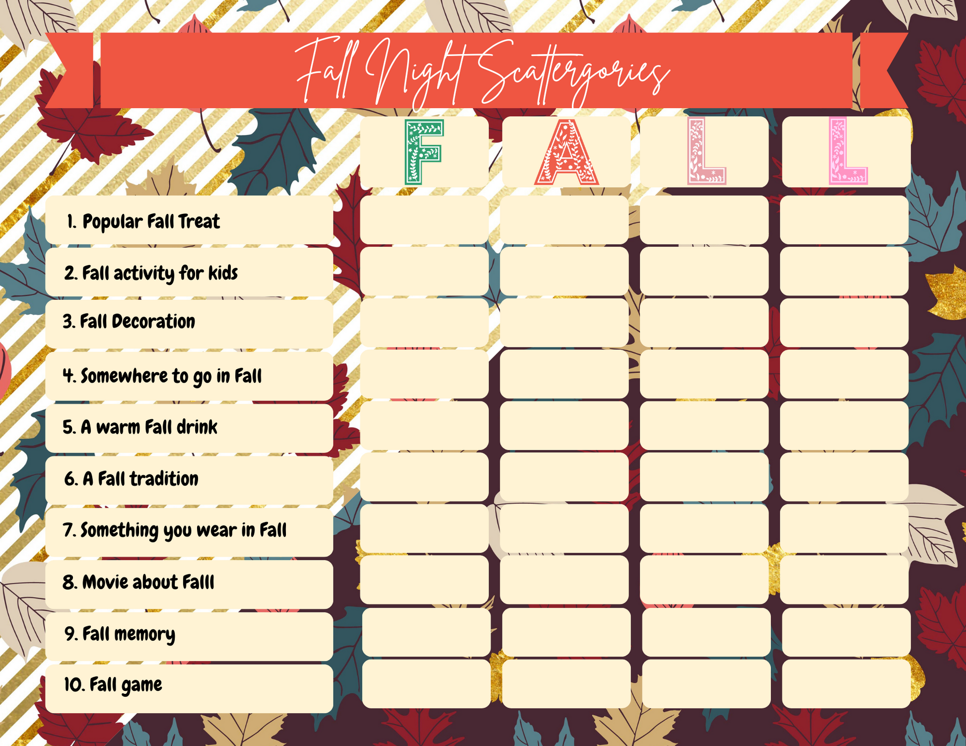 The Fall Night Scattergories game sheet from Wondermom Printables features 10 cozy autumn-themed categories and four columns labeled F-A-L-L for listing responses. The background is adorned with beautiful autumn leaves.