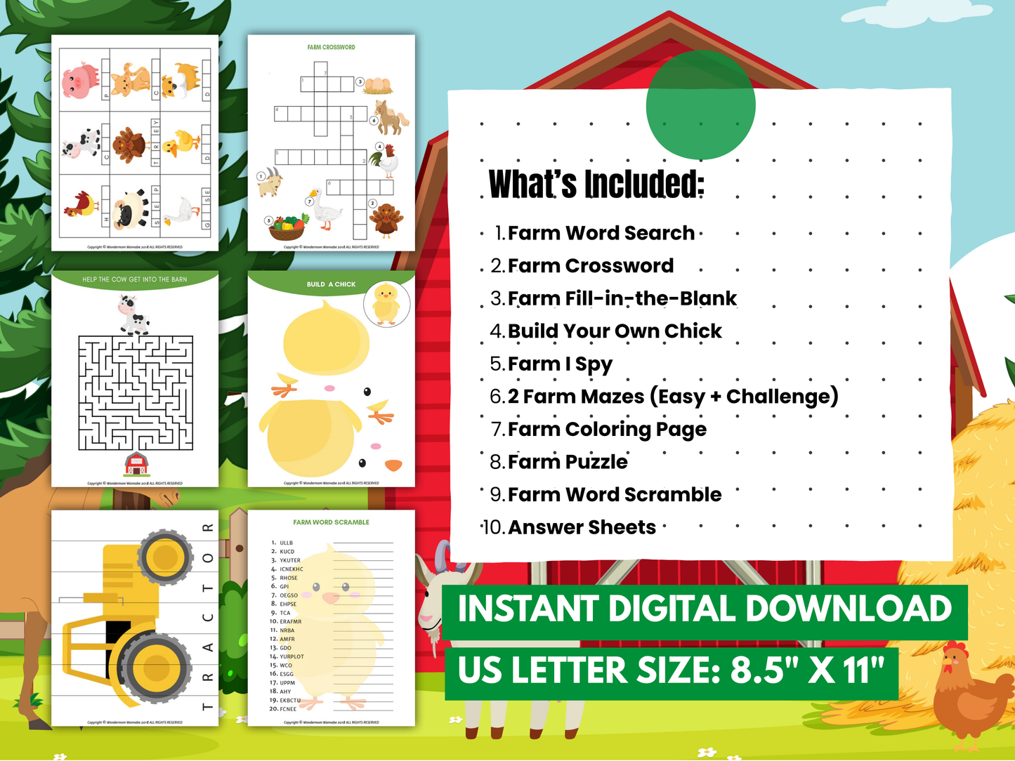 Farm activity pack preview featuring a “What’s Included” list and sample printable pages in US letter size.