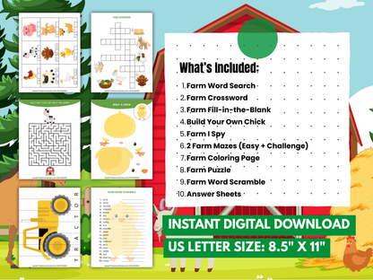 Farm activity pack preview featuring a “What’s Included” list and sample printable pages in US letter size.