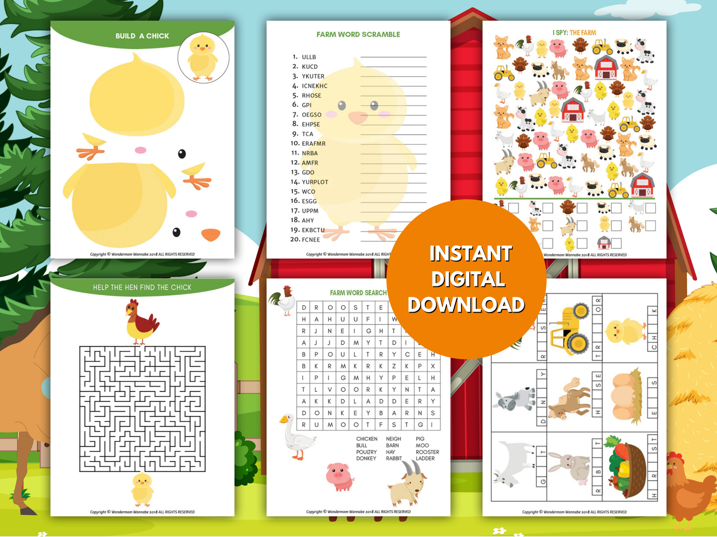 Collage of farm-themed printable activity pages including build-a-chick craft, mazes, word scramble, word search, and I Spy.