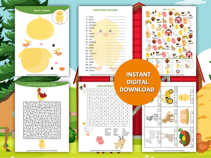 Collage of farm-themed printable activity pages including build-a-chick craft, mazes, word scramble, word search, and I Spy.