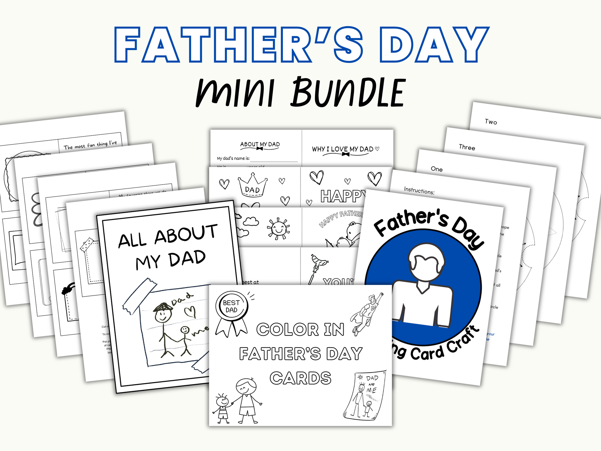 The Wondermom Shop’s Father’s Day Mini Bundle – Printable Cards & Keepsakes Kids Can Make features overlapping DIY cards and activity sheets, perfect for a kids craft gift.