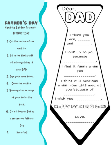 Father's Day Necktie Letter Prompt by Wondermom Printables with instructions on the left and a tie-shaped template on the right. The template includes prompts for adding personalized messages to 