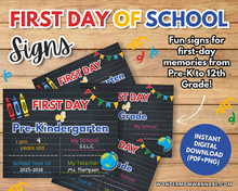 Load image into Gallery viewer, The Ultimate Back-to-School Bundle for Busy Moms by Wondermom Shop features three colorful, customizable first day of school signs for various grades—ideal to pair with your digital or printable student planners.
