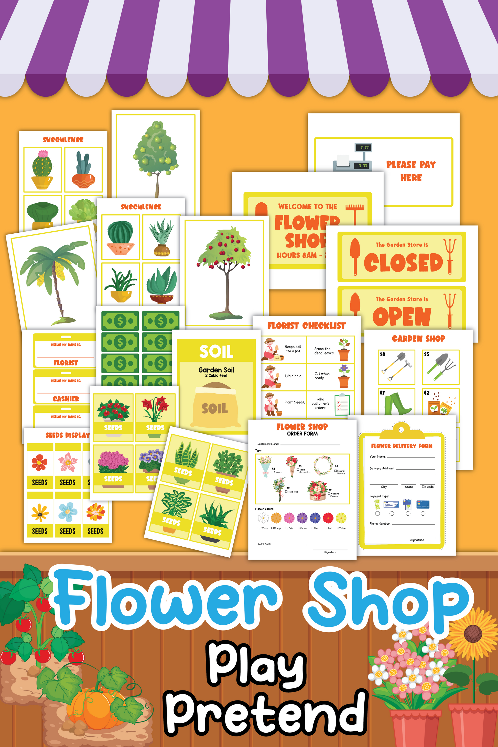 The "Flower Shop Pretend Play" from Wondermom Shop includes illustrated signs for seedlings, soil, a florist checklist, a flower delivery form, a closed sign, and a price list displayed against a yellow wall with a striped canopy.