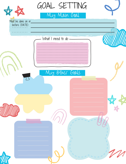 A collection of Goal Setting for Kids notes by Wondermom Printables.