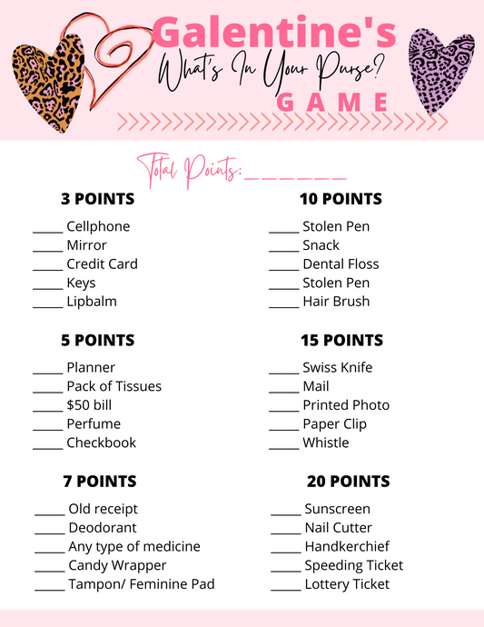The "Galentine's What's In Your Purse Game" by Wondermom Printables features a stylish game sheet adorned with pink animal print heart graphics. It includes a list of various items, assigned points for each, and space to tally the total points.