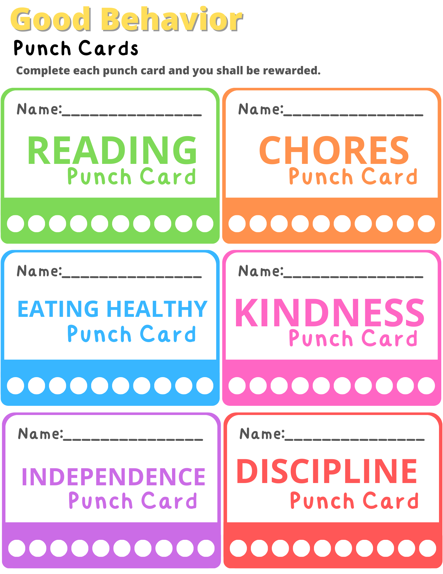 Colorful Good Behavior Punch Cards labeled "reading," "healthy habits," "kindness," and "discipline," designed to track and reward good behavior by Wondermom Printables.