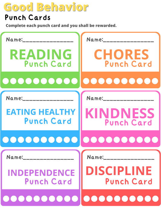 Colorful Good Behavior Punch Cards labeled "reading," "healthy habits," "kindness," and "discipline," designed to track and reward good behavior by Wondermom Printables.