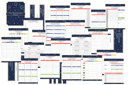 Discover the "Resolution Planner" by Wondermom Shop—a set of planner pages with calendars, lists, and goal-setting sections. Featuring a blue theme and fireworks accents, it's perfect for inspiring growth and keeping your ambitions on track.