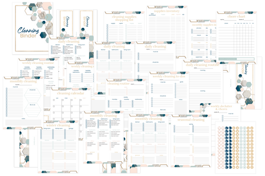 The Cleaning Binder by Wondermom Shop is your go-to guide for a spotless home, featuring geometric design pages with lists, schedules, and chore charts to enhance your organizing and cleaning routine.