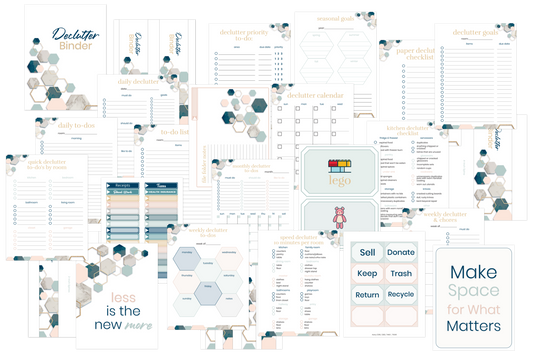 The Declutter Binder: Your Guide to a Tidy and Stress-Free Home by Wondermom Shop offers geometric-designed printables, motivational calendars, and room-by-room checklists to simplify your space.