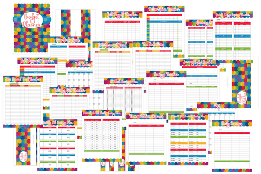 A colorful set of Wondermom Shop Digital Budget Planners with colorful squares.