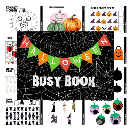 A collage of Halloween-themed worksheets features activities such as connect and color, shape matching, and patterns. The image is overlaid with a 