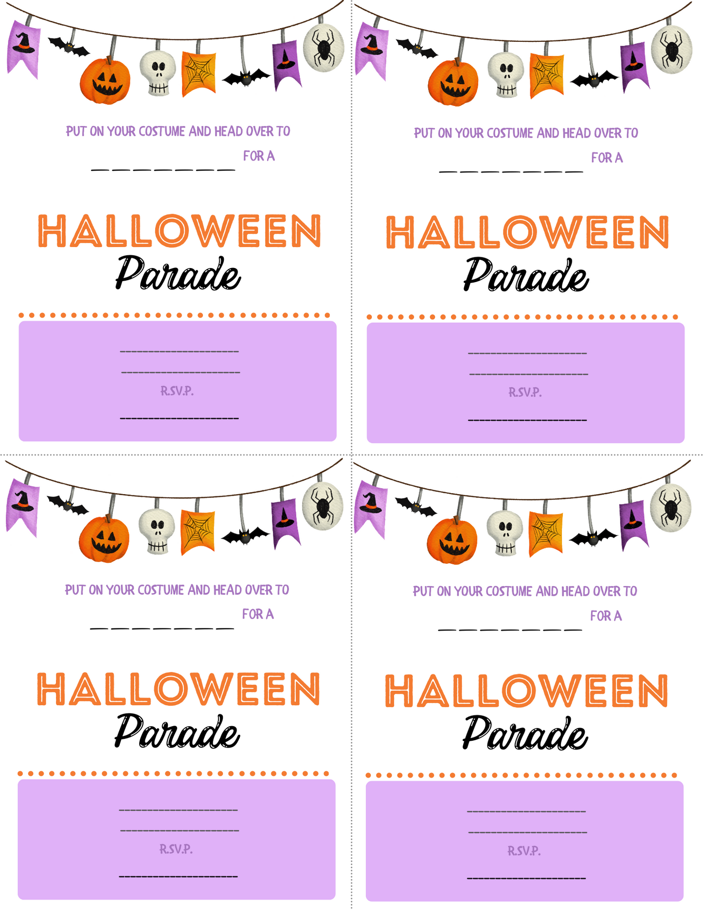 Spice up your spooky celebrations with Wondermom Printables' Halloween Parade Invitations. Each invitation boasts a festive banner adorned with pumpkins, ghosts, bats, spiders, and purple flags, complete with a section for RSVP details. Print four identical invitations per page to make inviting guests even easier!