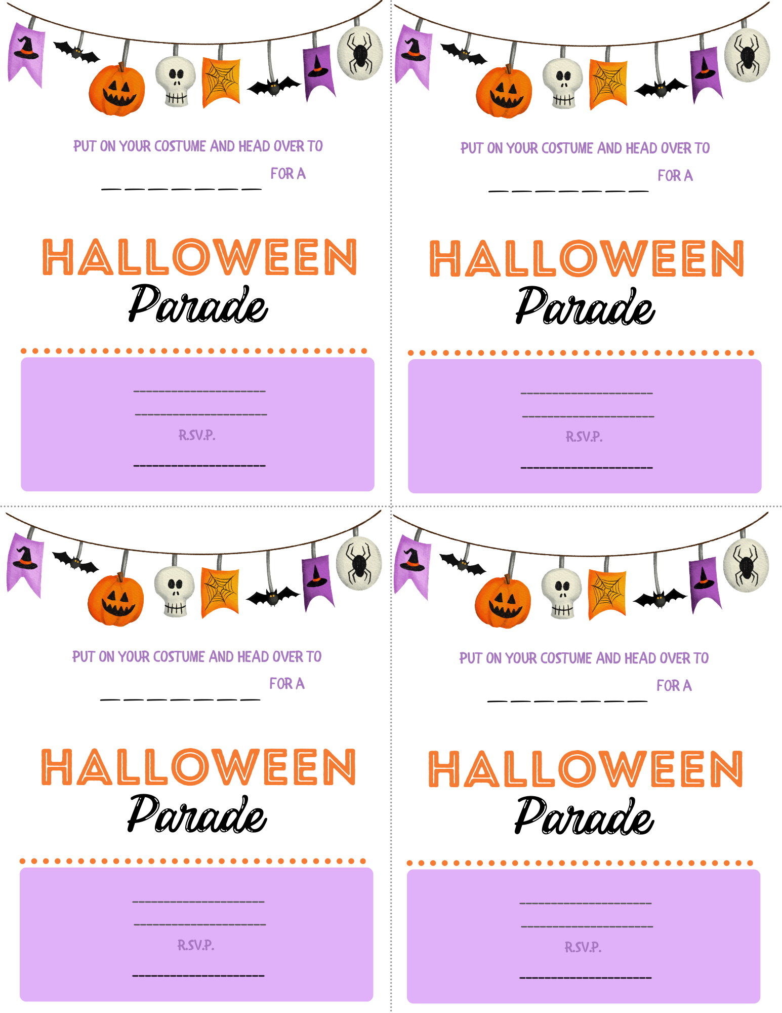 Spice up your spooky celebrations with Wondermom Printables' Halloween Parade Invitations. Each invitation boasts a festive banner adorned with pumpkins, ghosts, bats, spiders, and purple flags, complete with a section for RSVP details. Print four identical invitations per page to make inviting guests even easier!