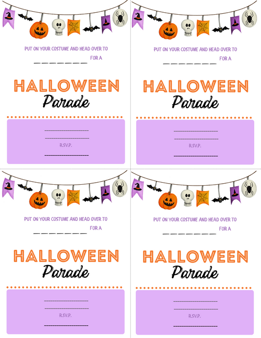 Spice up your spooky celebrations with Wondermom Printables' Halloween Parade Invitations. Each invitation boasts a festive banner adorned with pumpkins, ghosts, bats, spiders, and purple flags, complete with a section for RSVP details. Print four identical invitations per page to make inviting guests even easier!