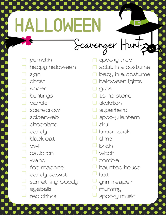 The "Halloween Scavenger Hunt" by Wondermom Printables features a Halloween-themed scavenger hunt list complete with checkboxes next to various items like "pumpkin," "ghost," "skeleton," and "spooky tree." This printable scavenger hunt game adds excitement as you search for hidden treats and tricks, making it perfect for your Halloween celebration.