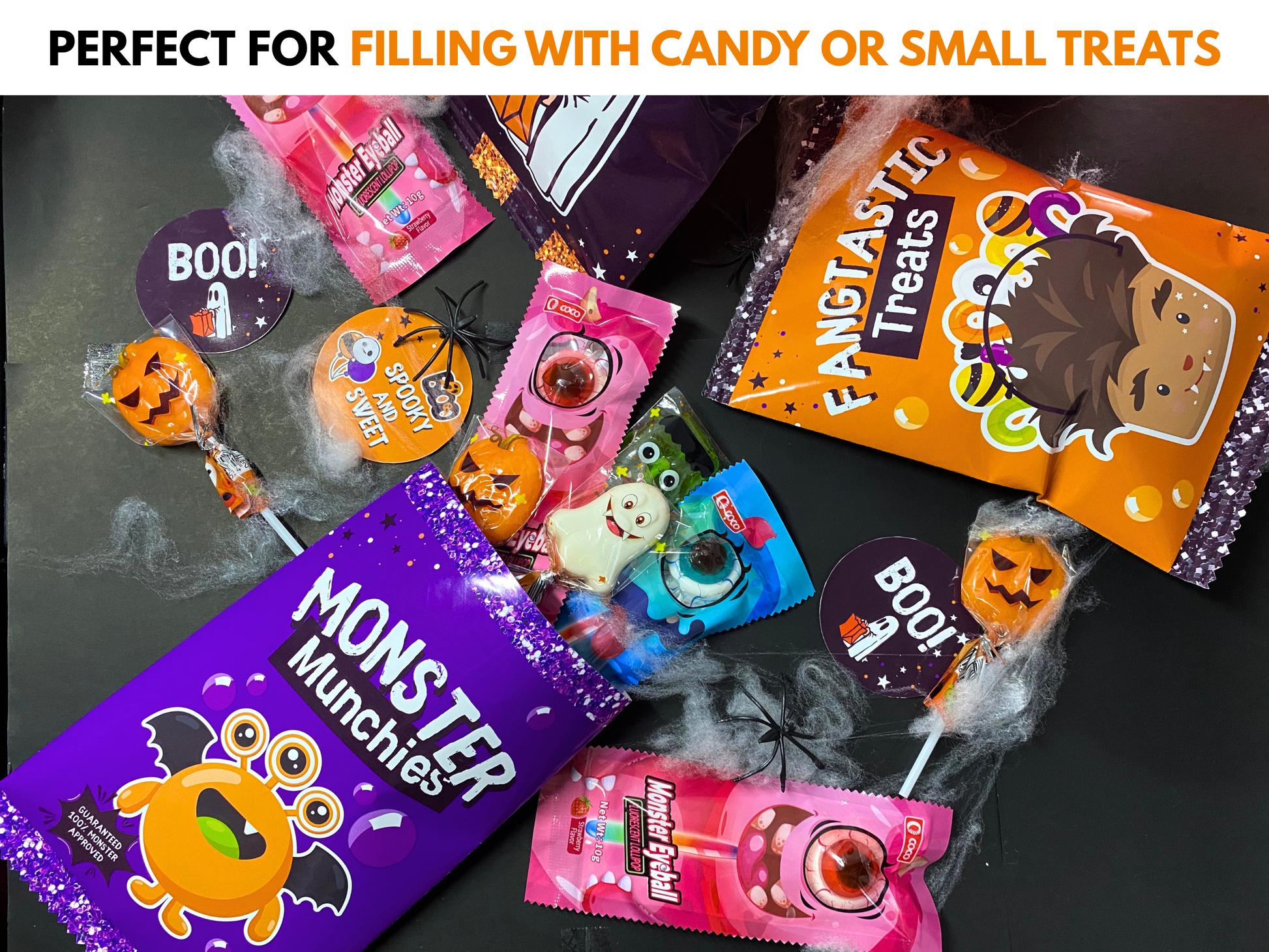 Printable Halloween Chip Bags from Wondermom Shop filled with candies on a black surface. Perfect for filling with candy or small treats—ideal for your spooky celebrations!.