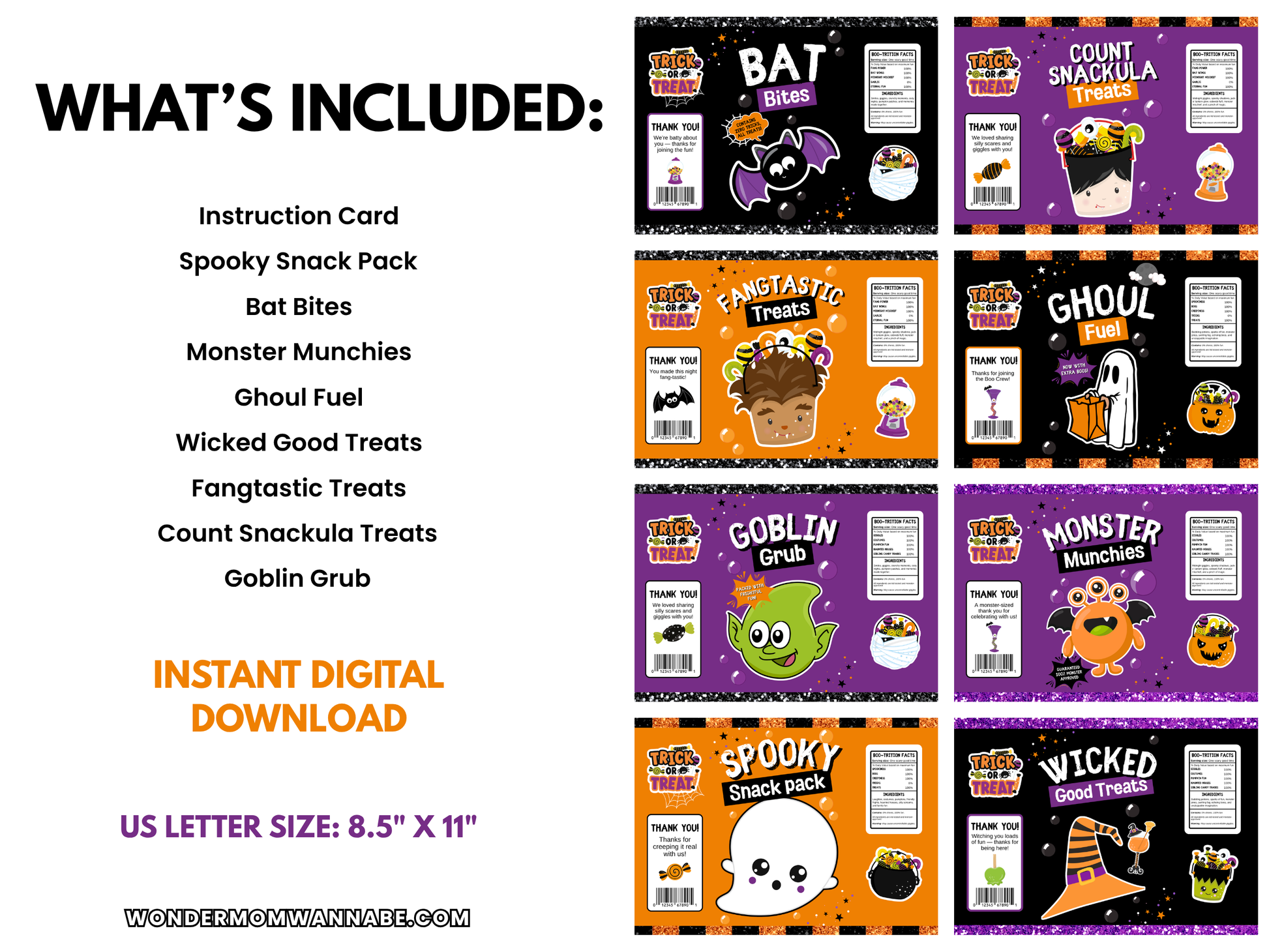 Image showing contents of Wondermom Shop's Printable Halloween Chip Bags, featuring treat bag and card designs with bats, monsters, ghouls, and goblins on vibrant Halloween backgrounds.