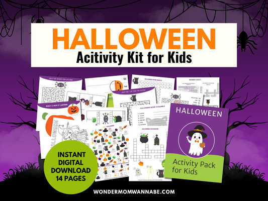 Halloween activity kit for kids with worksheet previews and “14 pages” download badge.