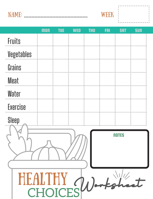 The "Healthy Choices Worksheet" by Wondermom Printables is a weekly tracking tool featuring categories for fruits, vegetables, grains, meat, water, exercise, sleep, and notes. Use it to log each item from Monday to Sunday and track your progress to encourage positive changes.