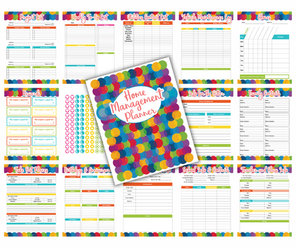 A collage of various colorful Wondermom Shop Home Management Planner Bundles including schedules, trackers, and a notebook labeled "Home Management Planner" in both printable and digital formats.
