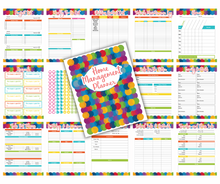 Load image into Gallery viewer, A collage of various colorful Wondermom Shop Home Management Planner Bundles including schedules, trackers, and a notebook labeled &quot;Home Management Planner&quot; in both printable and digital formats.
