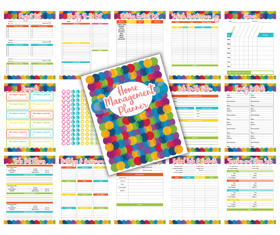 A collage of various colorful Wondermom Shop Home Management Planner Bundles including schedules, trackers, and a notebook labeled 