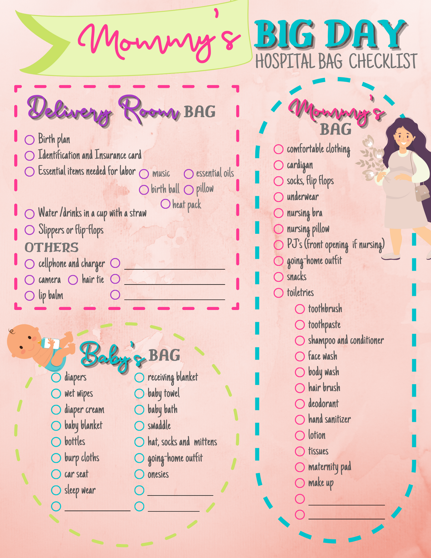 The Wondermom Printables' Hospital Maternity Bag Checklist is divided into three sections: Delivery Room Bag, Mommy's Bag, and Baby's Bag. Each section lists essential items needed for the delivery and post-delivery period, ensuring you're fully prepared for your baby's arrival. Download the printable guide today!