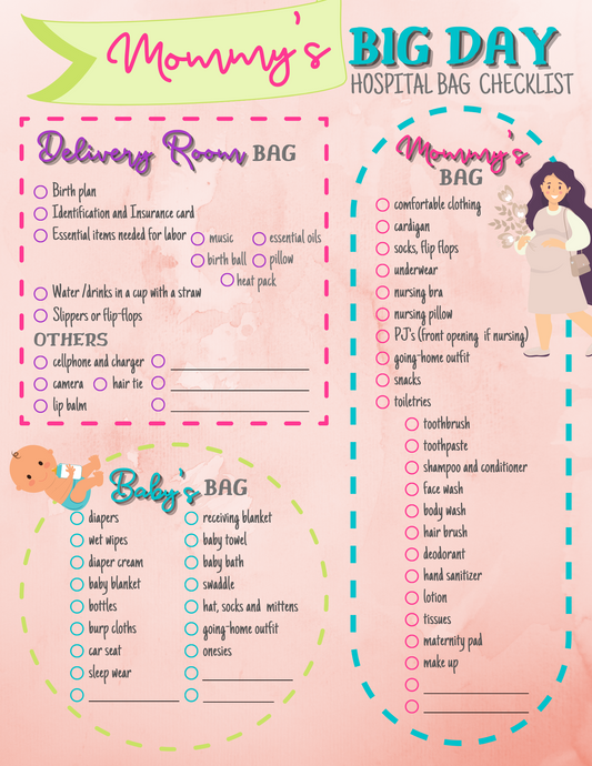 The Wondermom Printables' Hospital Maternity Bag Checklist is divided into three sections: Delivery Room Bag, Mommy's Bag, and Baby's Bag. Each section lists essential items needed for the delivery and post-delivery period, ensuring you're fully prepared for your baby's arrival. Download the printable guide today!