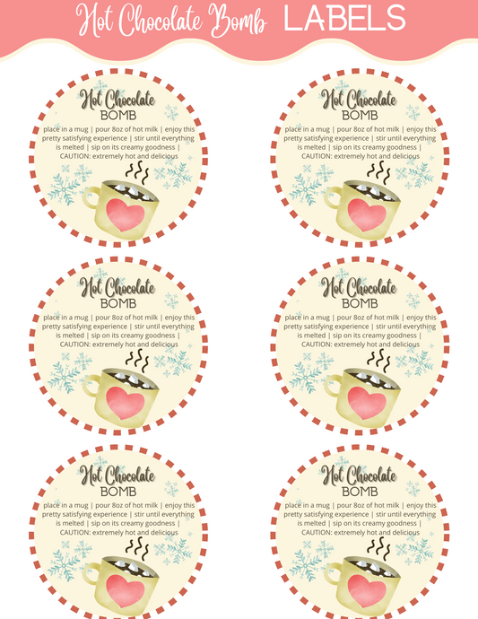 The Hot Chocolate Bomb Labels by Wondermom Printables feature six circular printable labels, each displaying preparation instructions and an image of a steaming mug. The text on each label reads "Hot Chocolate Bomb" and includes identical preparation instructions.
