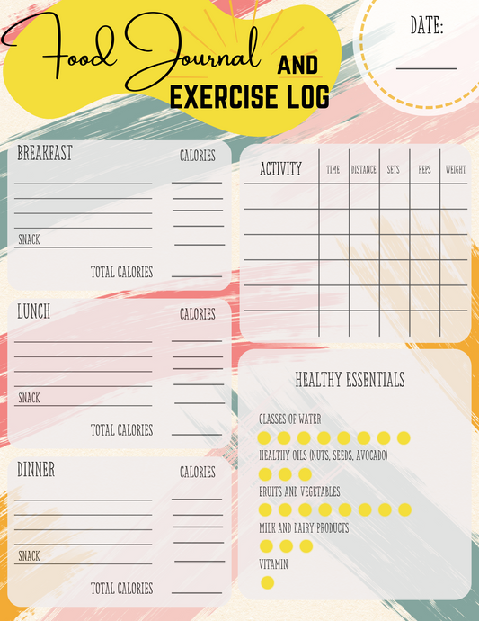 Introducing the **Wondermom Printables** **Food Journal and Exercise Log**, a vibrant printable sheet that combines sections for breakfast, lunch, dinner, snacks, activities, and a healthy essentials checklist.