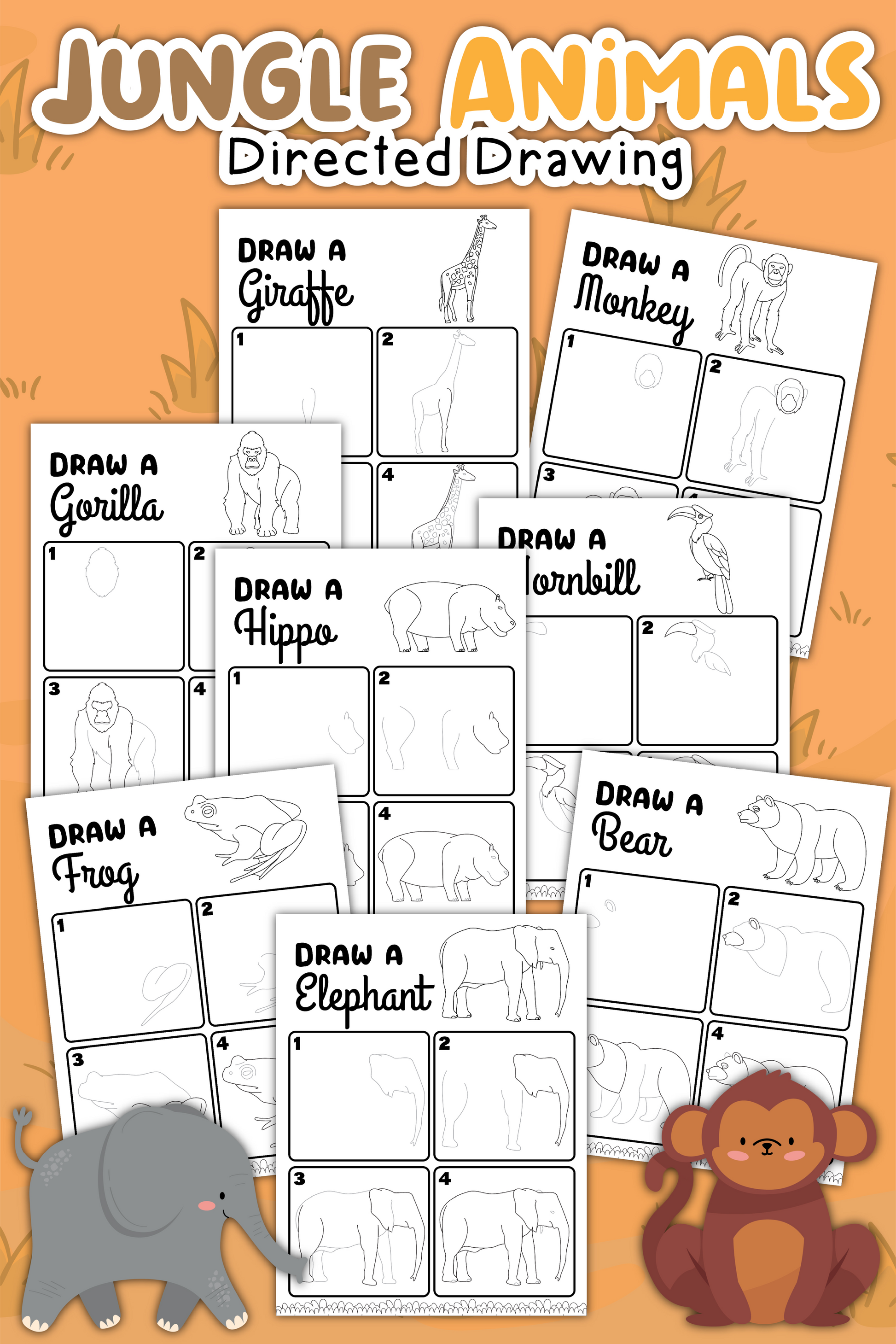 The How to Draw Jungle Animals collection from Wondermom Shop features step-by-step worksheets for drawing a giraffe, monkey, gorilla, hippo, hornbill, frog, bear, and elephant. Dive into a creative jungle adventure with these guided illustrations!