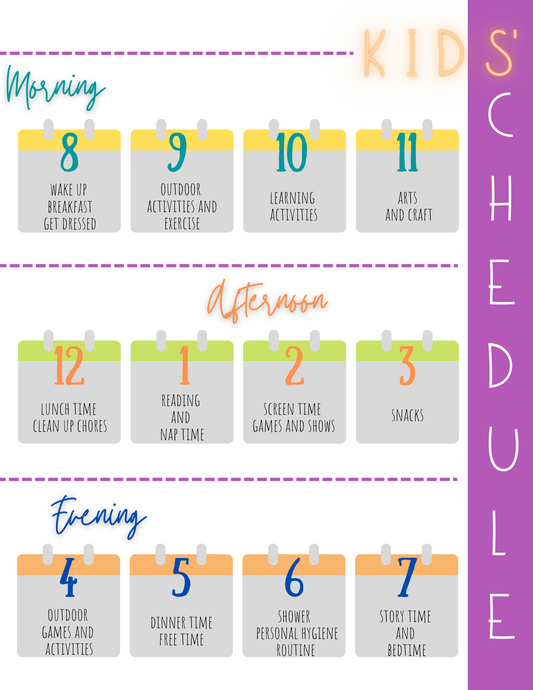 Introducing the Kids' Schedule by Wondermom Printables: A Printable Daily Schedule for kids, divided into Morning, Afternoon, and Evening sections. Each activity, from breakfast to learning, screen time to bedtime, is beautifully numbered from 1 to 12. This helps develop time management skills and ensures your child thrives throughout the day.