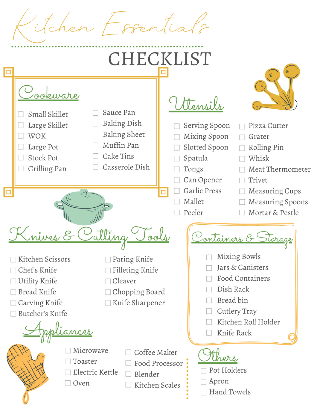 Wondermom Printables Kitchen Essentials Checklist.