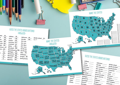 Three educational worksheets on a desk with pencils, clips, and a calculator. The Know Your States Activity Set from Wondermom Shop includes tasks that involve naming U.S. states and their abbreviations, featuring maps and lists for interactive learning to enhance geography skills.