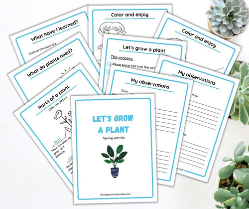 Image showing various educational sheets from the Let's Grow a Plant Activity Set by Wondermom Shop, featuring activities and information on growing a plant. The sheets include diagrams, coloring sections, observation logs, and instructions for young gardeners to track plant growth.