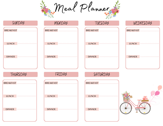 Meal Planner Worksheet by Wondermom Printables: This weekly meal planner template spans from Sunday to Saturday and is divided into sections for breakfast, lunch, and dinner. Adorned with floral decorations and an illustration of a bicycle with balloons, it's perfect for maintaining an organized kitchen routine.