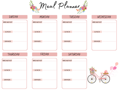 Meal Planner Worksheet by Wondermom Printables: This weekly meal planner template spans from Sunday to Saturday and is divided into sections for breakfast, lunch, and dinner. Adorned with floral decorations and an illustration of a bicycle with balloons, it's perfect for maintaining an organized kitchen routine.