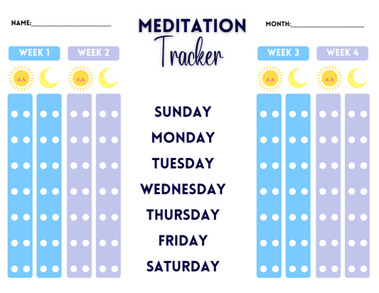 Introducing the Meditation Tracker by Wondermom Printables, a printable sheet designed to support your mindfulness journey. This tracker features sections for four weeks, with each week offering a grid to mark daily sessions from Sunday to Saturday. Additionally, it includes sun and moon icons to differentiate between morning and evening meditation sessions.
