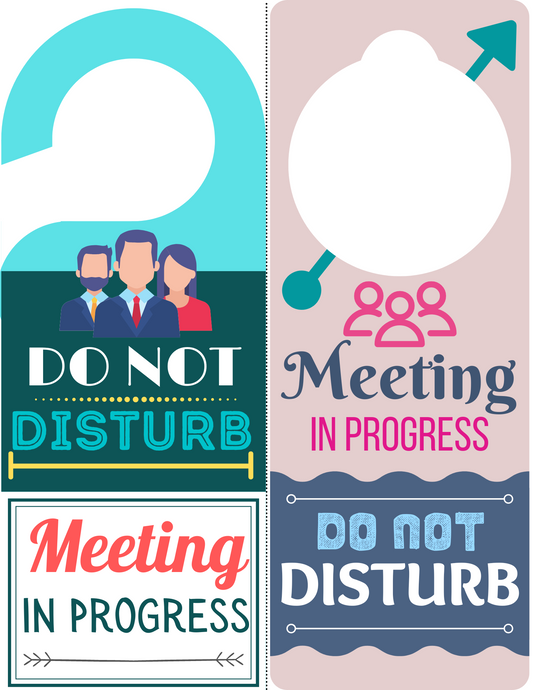 An illustration showcasing Wondermom Printables' "Meeting in Progress Door Hangers" with icons of people and symbols related to meetings, emphasizing privacy and productivity.