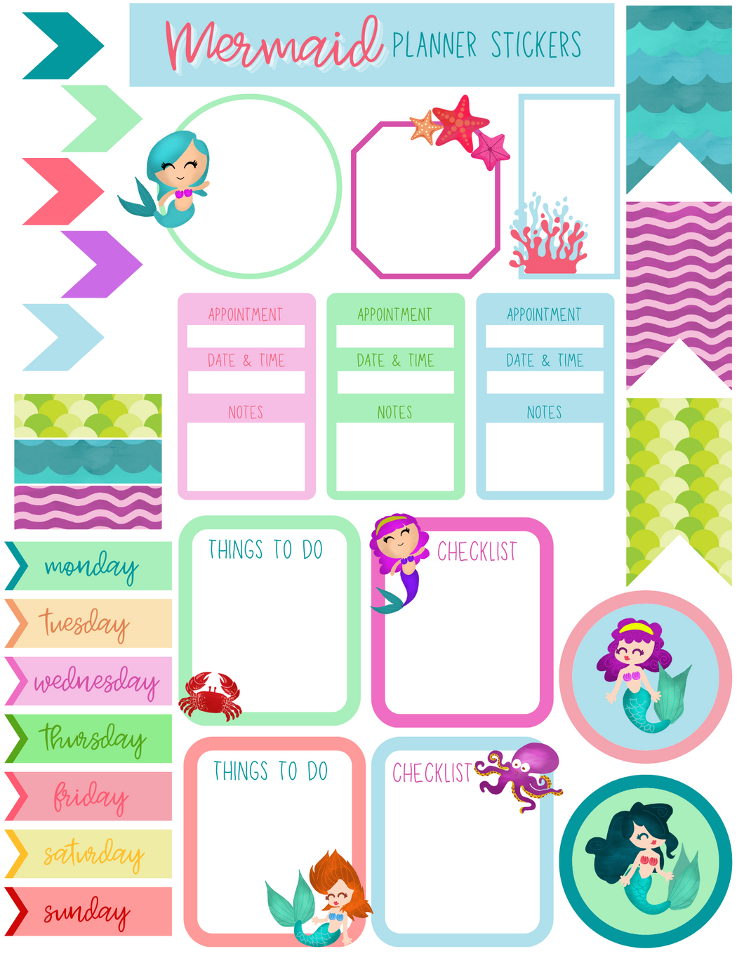 The Mermaid Planner Stickers by Wondermom Printables is a vibrant set of printable, mermaid-themed planner accessories. It includes appointment labels, to-do lists, checklists, and decorative elements featuring mermaids, sea creatures, and various patterns—ideal for adding a splash of color to any mermaid lover's planner.