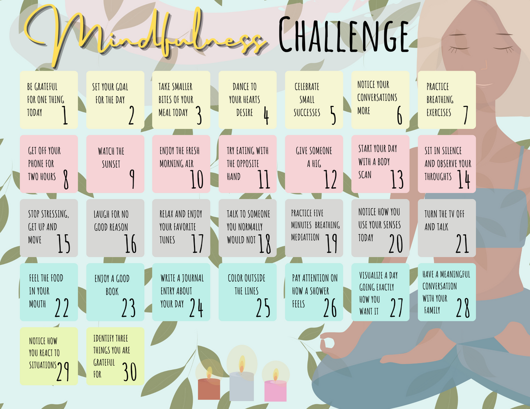 The Mindfulness Challenge calendar with a woman sitting in a lotus position by Wondermom Printables.