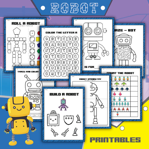 The Robots Activity Set by Wondermom Shop is a collection of robot-themed printable activity sheets for children, featuring coloring, tracing, maze, and symmetry puzzles. This educational activities pack includes simple illustrations and tasks designed to engage young learners and inspire budding engineers.