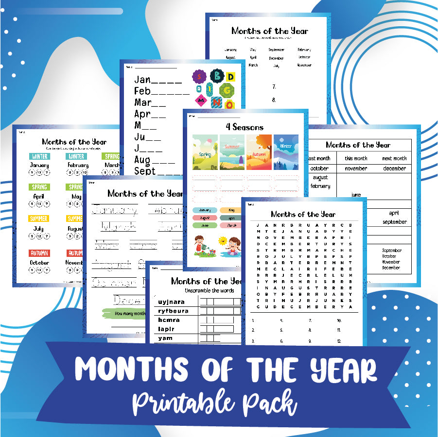 The "Months of the Year Activity Set" by Wondermom Shop is a printable pack featuring worksheets and activities designed for learning the months of the year. This set includes word searches, coloring pages, and matching exercises, making it ideal for spelling and sequence learning through engaging educational activities for children.