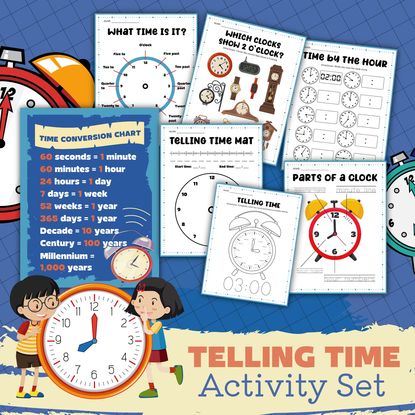 A vibrant "Telling Time Activity Set" by Wondermom Shop, featuring an array of educational worksheets about time, complete with a time conversion chart, clock diagrams, and interactive telling time activities designed to enhance children's time-reading skills.