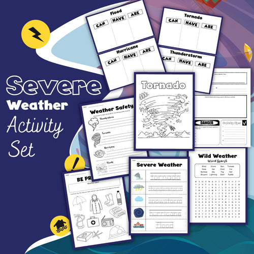 The Severe Weather Activity Set by Wondermom Shop includes educational worksheets, such as word searches, safety instructions, vocabulary activities, and tips for Weather Safety Preparation.